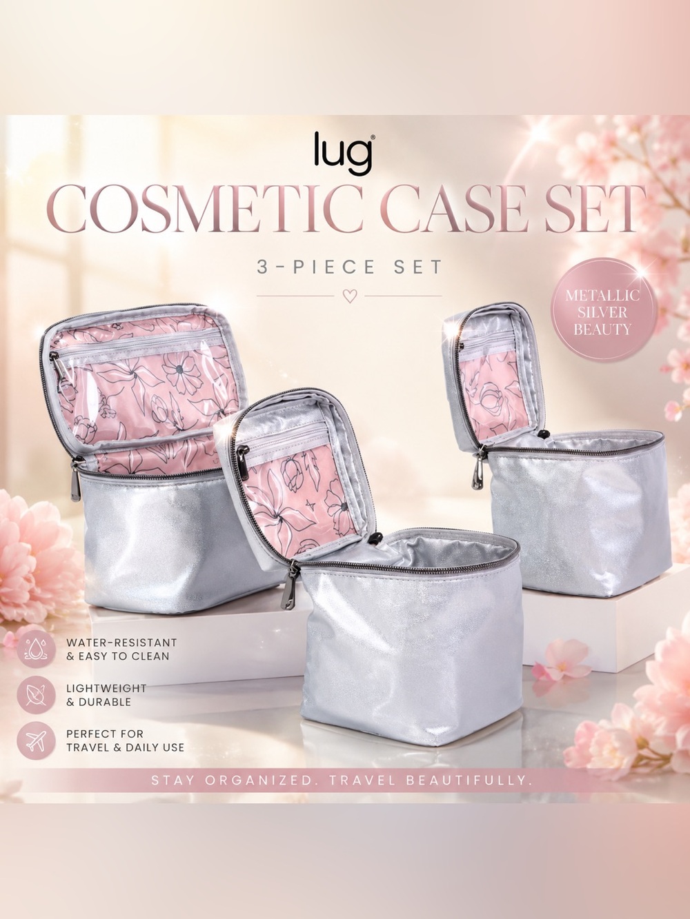 ✨ Lug Dolly Set of 3 Cosmetic & Toiletry Cases – Metallic Silver